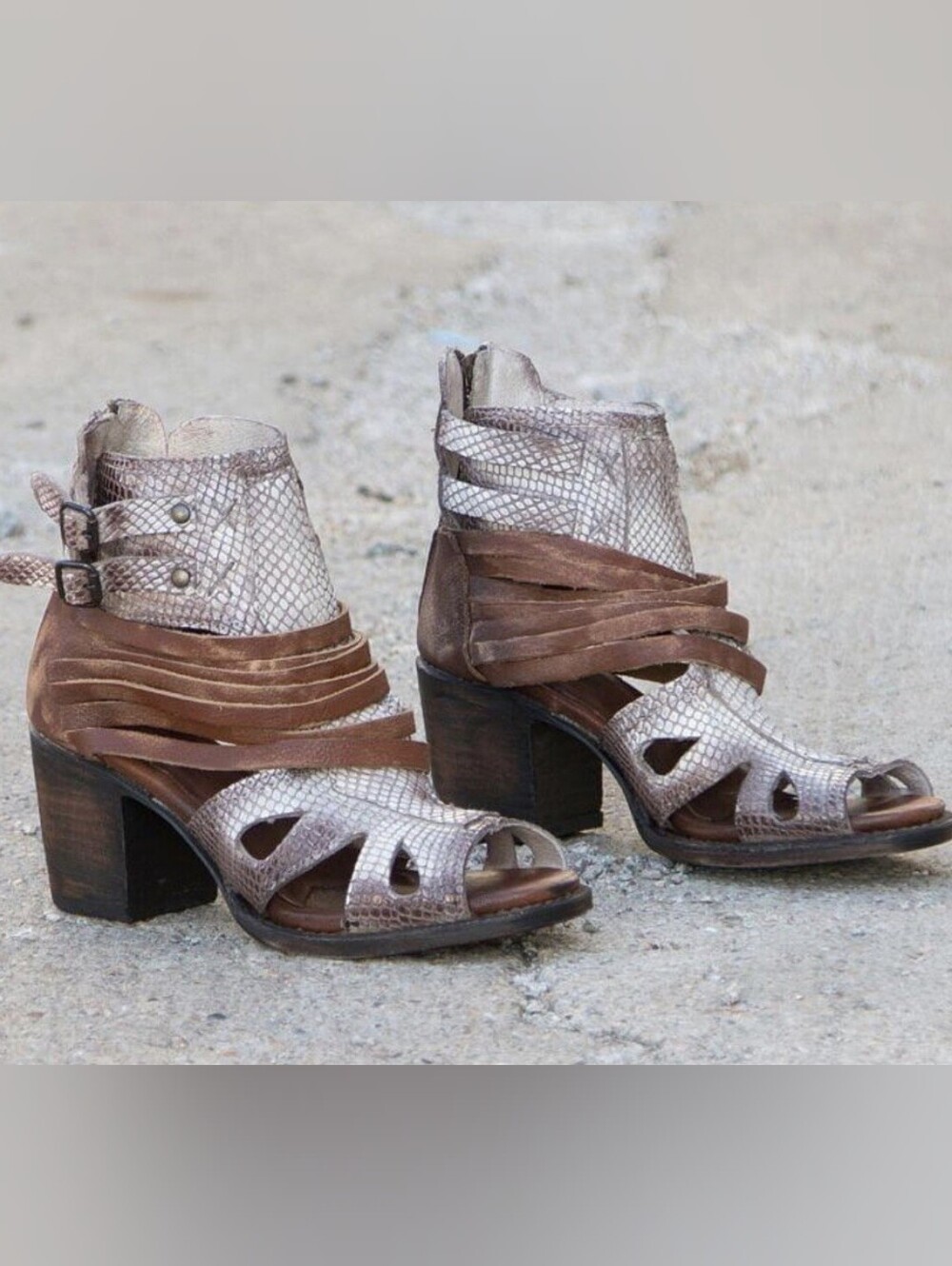 Freebird Nest Snake-Embossed Leather Gladiator Sandals Bootie Brown Wrap Strap 9